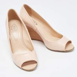 Pre Owned Tod's Pink Leather Peep Toe Wedge Pumps Size 37.5
