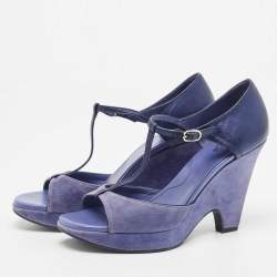 Tod's Blue Suede and Leather T-Bar Wedge Sandals Size 39.5