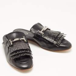 Pre Owned Tod's Black Studded Leather Double T Buckle Flat Mules Size 40 