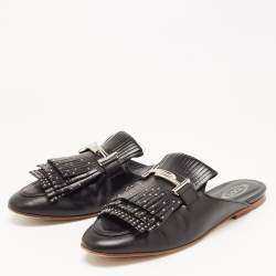 Pre Owned Tod's Black Studded Leather Double T Buckle Flat Mules Size 40 