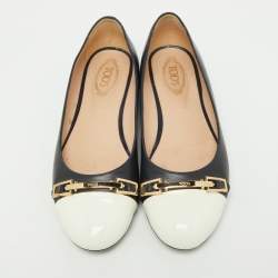 Pre Owned Tod's Blue/White Leather Cap Toe Ballet Flats Size 36.5