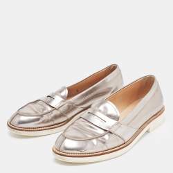 Tod's Metallic Silver Leather Penny Loafers Size 37 
