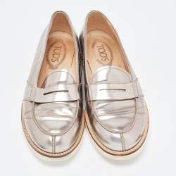 Tod's Metallic Silver Leather Penny Loafers Size 37 