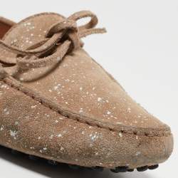 Tod's Beige Suede And Silver Paint Spot Bow Loafers Size 38.5