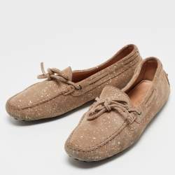 Tod's Beige Suede And Silver Paint Spot Bow Loafers Size 38.5