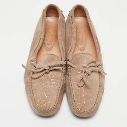Tod's Beige Suede And Silver Paint Spot Bow Loafers Size 38.5