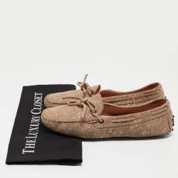 Tod's Beige Suede And Silver Paint Spot Bow Loafers Size 38.5