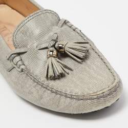 Pre Owned Tod's Grey Lizard Embossed Bow Slip On Loafers Size 39