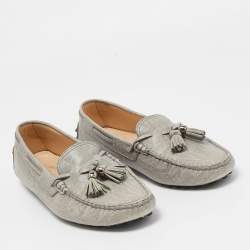 Pre Owned Tod's Grey Lizard Embossed Bow Slip On Loafers Size 39