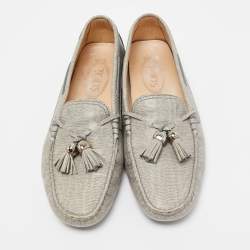 Pre Owned Tod's Grey Lizard Embossed Bow Slip On Loafers Size 39