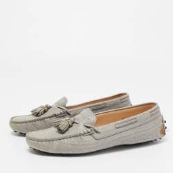 Pre Owned Tod's Grey Lizard Embossed Bow Slip On Loafers Size 39