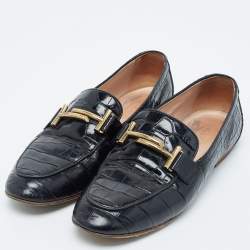 Pre Owned Tod's Black Croc Embossed Leather Gommino Double T Buckle Driver Loafers Size 37