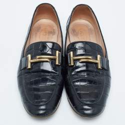 Pre Owned Tod's Black Croc Embossed Leather Gommino Double T Buckle Driver Loafers Size 37