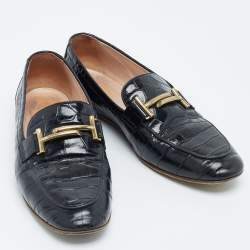 Pre Owned Tod's Black Croc Embossed Leather Gommino Double T Buckle Driver Loafers Size 37