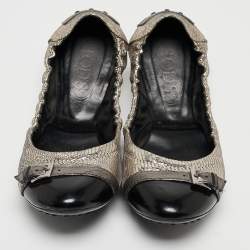 Tod's Sliver/Black Textured Suede and Leather Buckle Detail Scrunch Ballet Flats Size 37