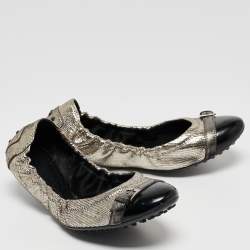Tod's Sliver/Black Textured Suede and Leather Buckle Detail Scrunch Ballet Flats Size 37