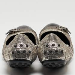 Tod's Sliver/Black Textured Suede and Leather Buckle Detail Scrunch Ballet Flats Size 37