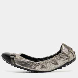 Tod's Sliver/Black Textured Suede and Leather Buckle Detail Scrunch Ballet Flats Size 37