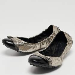 Tod's Sliver/Black Textured Suede and Leather Buckle Detail Scrunch Ballet Flats Size 37