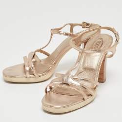 Pre Owned Tod's Gold Leather T-Bar Ankle Strap Sandals Size 37