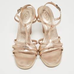 Pre Owned Tod's Gold Leather T-Bar Ankle Strap Sandals Size 37