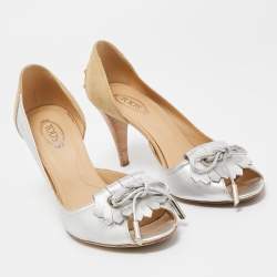 Tod's Silver/Beige Leather and Suede Peep Toe Dosary Pumps Size 37