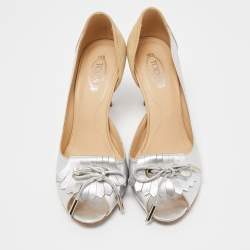 Tod's Silver/Beige Leather and Suede Peep Toe Dosary Pumps Size 37