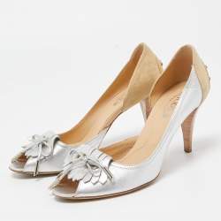 Tod's Silver/Beige Leather and Suede Peep Toe Dosary Pumps Size 37