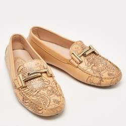 Pre Owned Tod's Beige Leather Gommini-Double-T Loafers Size 35.5