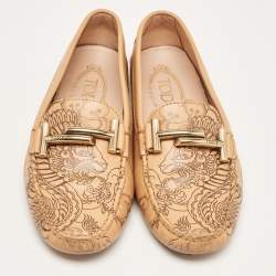 Pre Owned Tod's Beige Leather Gommini-Double-T Loafers Size 35.5