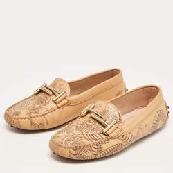 Pre Owned Tod's Beige Leather Gommini-Double-T Loafers Size 35.5