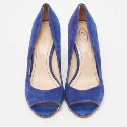 Pre Owned Tod's Blue Suede Wedge Peep Toe Pumps Size 40