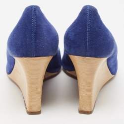 Pre Owned Tod's Blue Suede Wedge Peep Toe Pumps Size 40