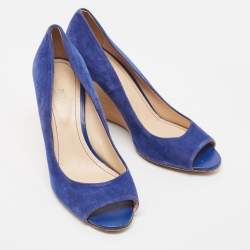Pre Owned Tod's Blue Suede Wedge Peep Toe Pumps Size 40