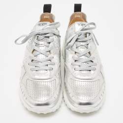 Pre Owned Tod's Silver Leather Drilled Low Top Sneakers Size 39.5