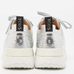 Pre Owned Tod's Silver Leather Drilled Low Top Sneakers Size 39.5