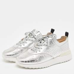 Pre Owned Tod's Silver Leather Drilled Low Top Sneakers Size 39.5