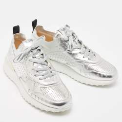Pre Owned Tod's Silver Leather Drilled Low Top Sneakers Size 39.5