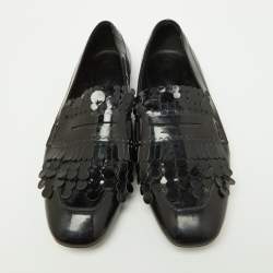 Pre Owned Tod's Black Patent Leather Laser Cut Fringe Loafers Size 38.5