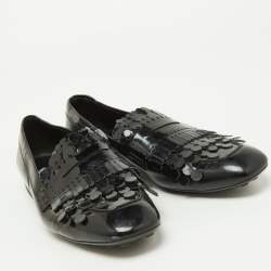 Pre Owned Tod's Black Patent Leather Laser Cut Fringe Loafers Size 38.5