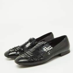 Pre Owned Tod's Black Patent Leather Laser Cut Fringe Loafers Size 38.5