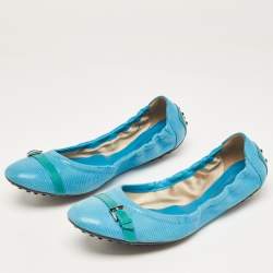 Pre Owned Tod's Blue Textured Suede Scrunch Ballet Flats Size 42