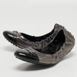 Tod's Sliver/Black Textured Suede and Leather Buckle Detail Scrunch Ballet Flats Size 38