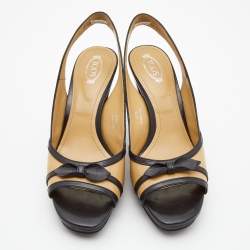 Tod's Beige/Black Patent Leather Bow Platform Slingback Open Toe Sandals Size 40.5