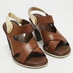 Tod's Brown/Cream Leather  Slingback Block Heel Sandals Size 37
