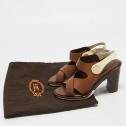 Tod's Brown/Cream Leather  Slingback Block Heel Sandals Size 37