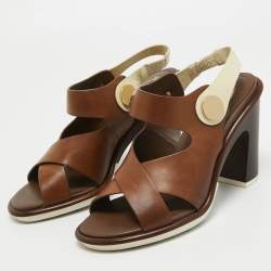 Tod's Brown/Cream Leather  Slingback Block Heel Sandals Size 37