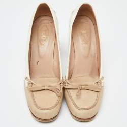 Tod's Two Tone Beige Leather and Patent Block Heel Pumps Size 38