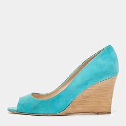 Tod's Blue Suede Peep Toe Wedge Pumps Size 40