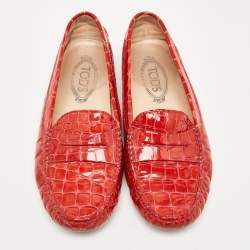 Pre Owned Tod's Red Croc Embossed Patent Leather Penny Loafers Size 39.5